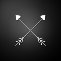 Silver Crossed Cupid arrow heart, Valentines Day cards element icon isolated on black background. Long shadow style. Vector.