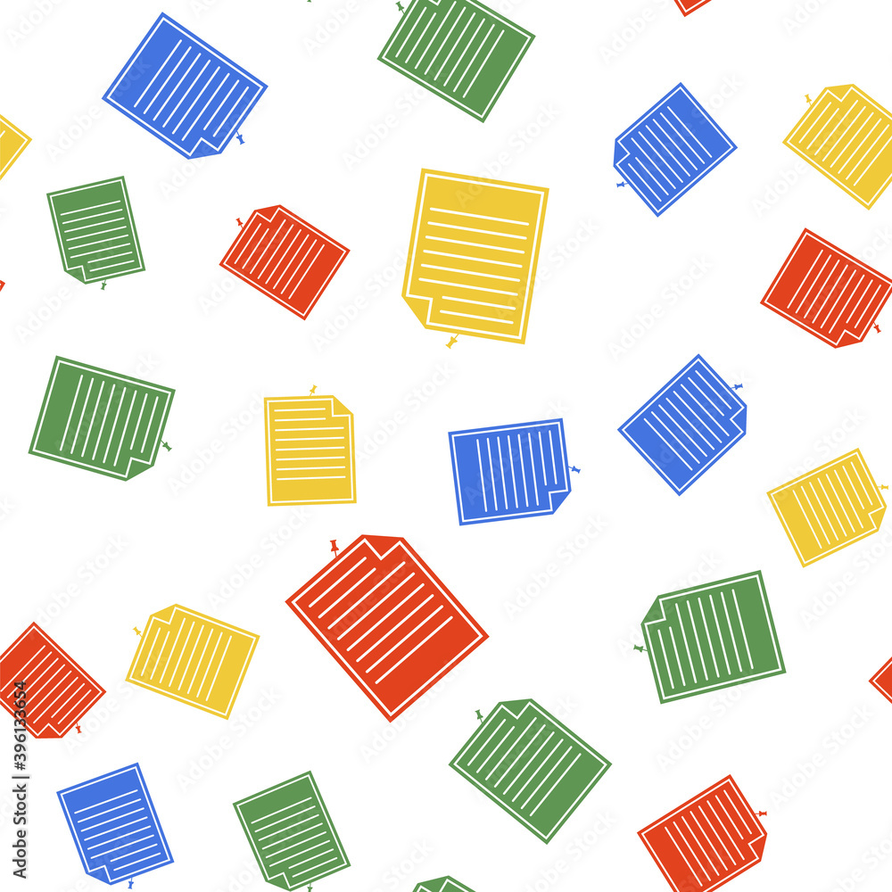 Poster color note paper with pinned pushbutton icon isolated seamless pattern on white background. memo pap