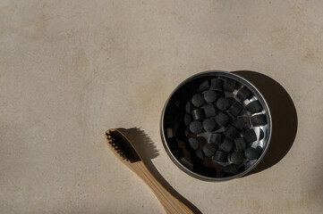 Eco-friendly oral care and bathroom accessories on minimalist background. Natural biodegradable...