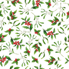 Seamless pattern with mistletoe and holly leaf branches on white background. Hand drawn watercolor illustration.