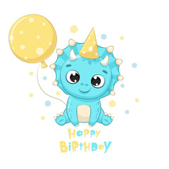 Cute dinosaur with balloon. Happy birthday clipart © Arina