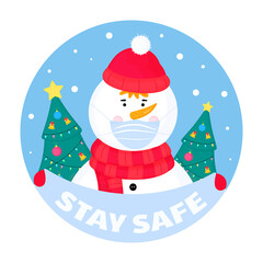Funny snowman wears a protective face mask