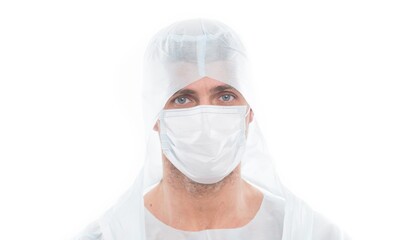 man wear surgical mask. doctor in respirator mask isolated on white. coronavirus pneumonia pandemic. virus vaccine and treatment. spread of covid 19. healthcare. corona igg immunity