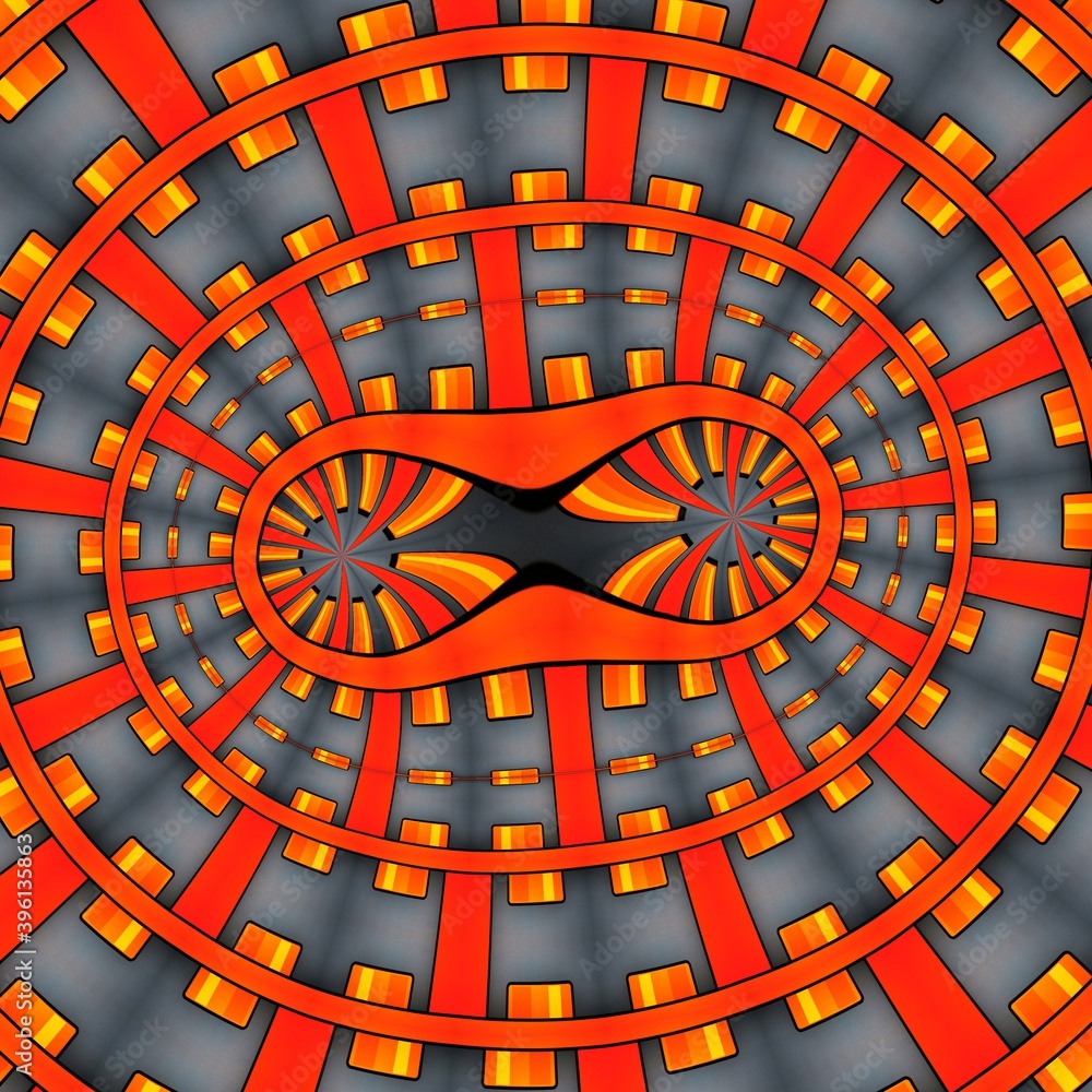 Poster brightly red and orange coloured rectangular blocks on a grey background patterns and fractal design