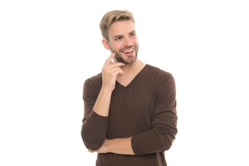 Express positivity. male beauty. barbershop concept. grooming and hair care. Menswear and fashionable clothing. happy handsome unshaven man in casual clothes. young guy with bristle isolated on white