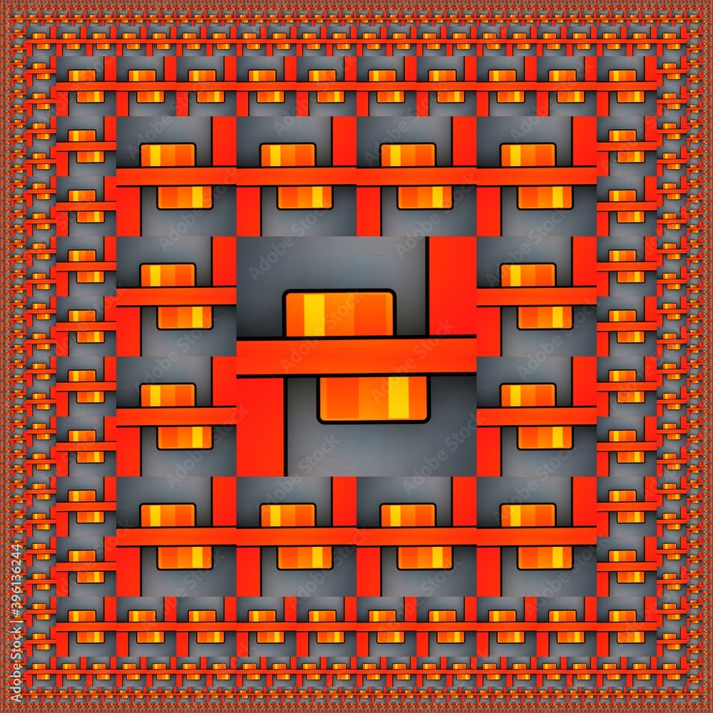 Poster brightly red and orange coloured rectangular blocks on a grey background patterns and magic carpet s