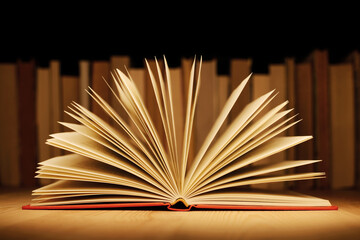 Book with red hardcover on the table, open, pages make a beautiful semicircle. Row of old books of different size on the background.