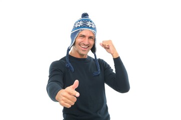 mature happy man in knitted hat. cheerful guy pointing finger. male knitwear accessory. warm winter clothing fashion. man isolated on white. keep head warm. feel comfortable