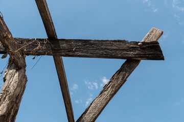 Old damage roof with blue sky and clouds images