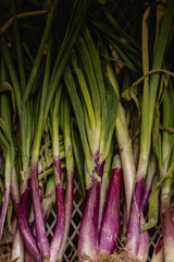 primer plano cenital de verduras cebolla de verdeo enteras en caja de verdulería para la venta