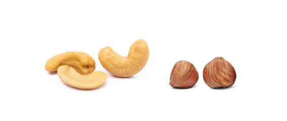 Group healty hazelnuts and cashew isolated on white background