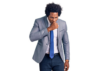 Handsome african american man with afro hair wearing business jacket feeling unwell and coughing as symptom for cold or bronchitis. health care concept.