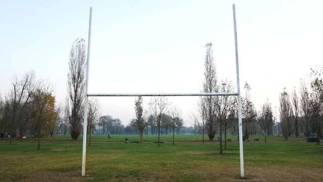 Zoom in of a football post in Milan park, Italy.