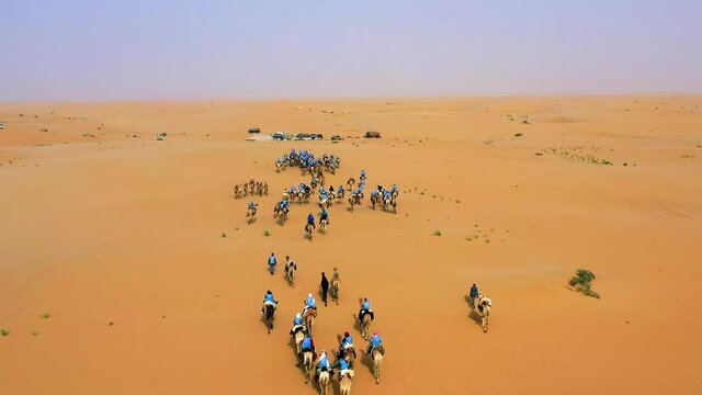 Aerial view over a group of people, riding camels on the Arabian desert, during golden hour, in Saudi Arabia - dolly, drone shot