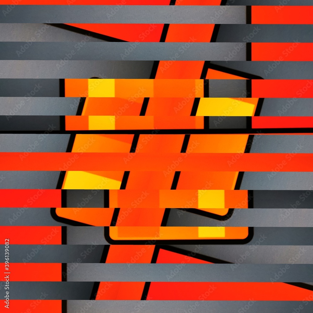 Poster brightly red and orange coloured rectangular blocks on a grey background patterns and distortion des