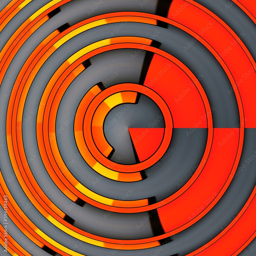 Poster brightly red and orange coloured rectangular blocks on a grey background patterns and circular desig