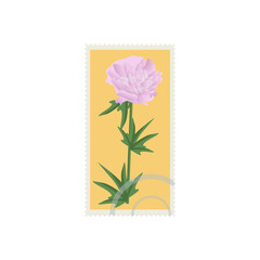 Modern postage stamp. Hand-drawn pink peony flower on a yellow background. The concept of sending a postcard or envelope with a postage stamp. Isolated element in flat style. Vector
