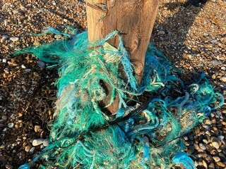 fishing rope on pebble beach caught on wooden sea groyne breaker litter washed up  strandliner 