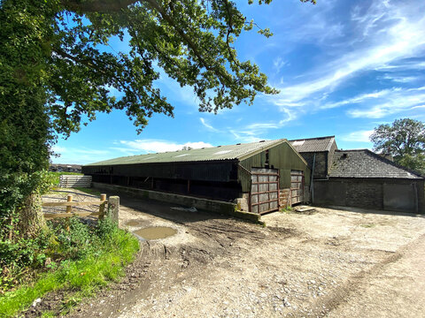 Farm buildings, on Hellifield Road, on a sunny day in, Bolton by Bowland, Clitheroe, UK