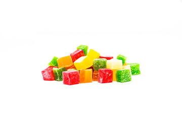 Mountain of colorful cubes rahat Turkish delight on a white background. Children's pleasure. Useful sweets