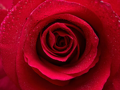 Beautiful red rose with water drops wallpaper. Close-up of top view rose head with droplets, luxury festive background or print design. Macro photography.Valentine's day, love concept
