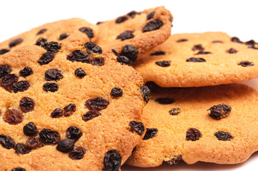 Closeup of a large round cookie with raisins