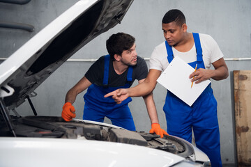 An experienced mechanic gives advice to a novice about repairing a car