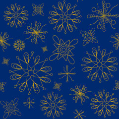 Naklejka na ściany i meble Yellow snowflakes on dark midnight blue background seamless repeat pattern