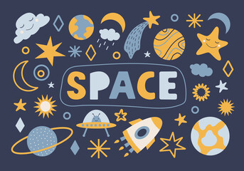 Modern space set with cosmic elements and lettering. Hand drawn vector illustration in yellow and blue colors isolated on blue background.  © Elena