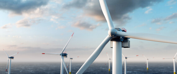 Offshore wind power and energy farm with many wind turbines on the ocean