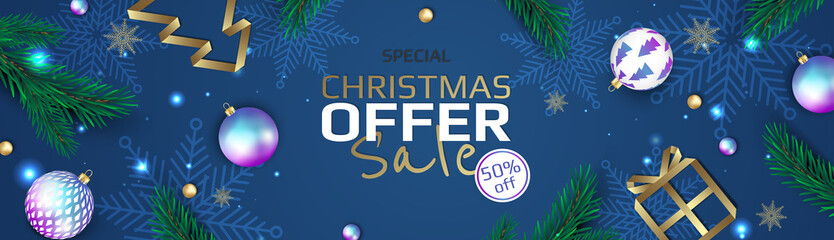 Merry Christmas greeting card with new years tree, Christmas balls, snowflakes. Vector holiday illustration.