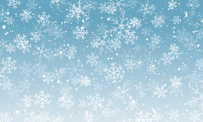 Naklejka na ściany i meble Snow background. Winter snowfall. White snowflakes on blue sky. Christmas background. Falling snow.