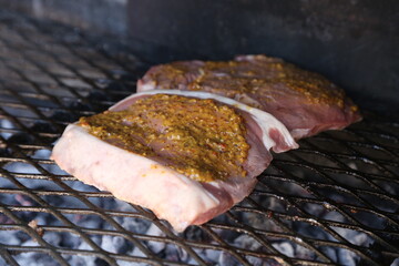 A rump steak with mustard basting sauce being cooked on a braai in South Africa. This photo has...