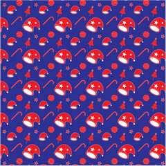 Seamless Red and Blue Christmas doodle style pattern with the hat