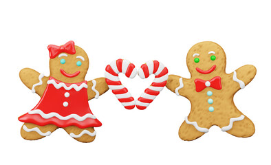 Fototapeta premium Gingerbread man and woman. Happy couple of gingerbread girl and boy hold heart-shaped halves of christmas candy canes. 3D concept design element isolated on white