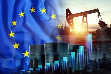 Image of the EU flag, oil pump rig and barrels with graphs. The concept of oil production, regulation of mining, the discovery of new deposits. Mixed Medivse, Double Exposure.