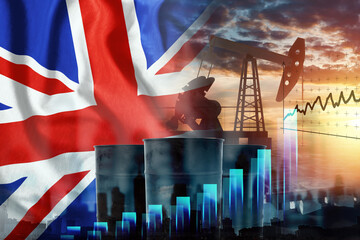 Image of the Great British flag, oil pump rig and barrels with graphs. The concept of oil...