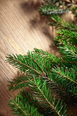 fir branches on the wooden background