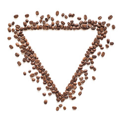 Coffee beans with triangular copy space. Triangular frame made of coffee beans.