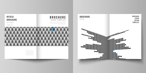 The vector layout of two A4 format modern cover mockups design templates for bifold brochure, magazine, flyer, booklet, report. Abstract big data visualization concept backgrounds with cubes