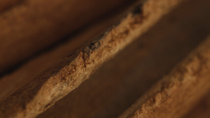 Cinnamon sticks on a dark background.  Spicy cinnamon seasoning for baked goods, fruit desserts, puddings and drinks. Extreme close-up, macro view