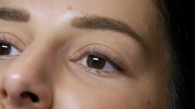 The face of a young girl before a modern eyelash lamination procedure in a professional beauty salon before the eyelash curling procedure. Portrait of a woman without makeup with dark lipstick.