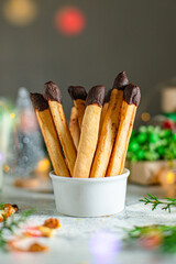 sweet baked Christmas pastry bun dessert cookie tasty festive cake, atmosphere lights garland
top view copy space food background rustic
