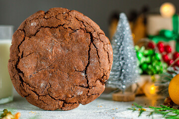sweet baked Christmas pastry bun dessert cookie tasty festive cake, atmosphere lights garland
top view copy space food background rustic