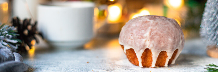 sweet baked Christmas pastry bun dessert cookie tasty festive cake, atmosphere lights garland
top view copy space food background rustic