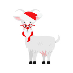 Cute christmas goat vector icon isolated on white background. Farm animal happy goat with udder in santa claus red hat, glasses and scarf cartoon character. Flat style graphic design illustration.
