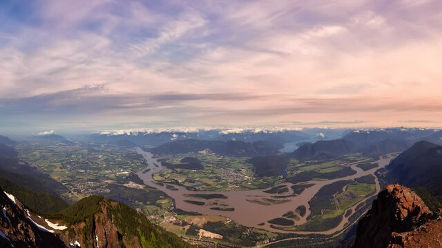 Cinemagraph Continuous Loop Animation. View of Fraser Valley from top of Mountain, Cheam Peak. Colorful Morning Sunrise Sky. Chilliwack, East of Vancouver, British Columbia, Canada. Nature Background