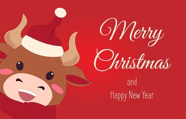 Merry Christmas and happy new year 2021. The year of the ox. The male cow and bull wear red costume. Animal holidays cartoon character. -Vector