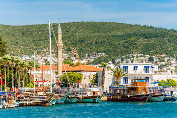 Fototapeta na wymiar Bodrum Town marina view. Bodrum is popular tourist destination in Turkey.
