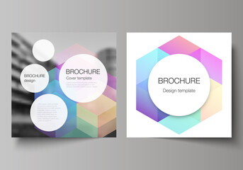 Vector layout of two square format covers design templates with abstract shapes and colors for brochure, flyer, magazine, cover design, book design, brochure cover.